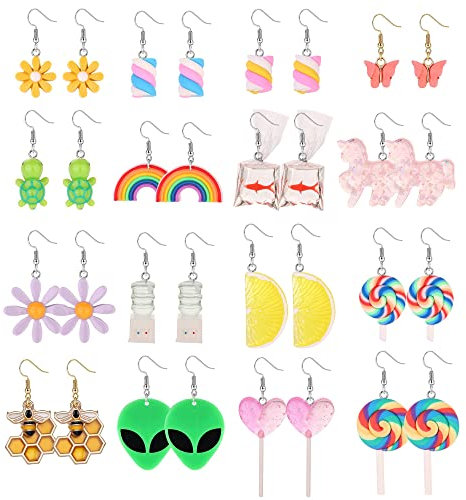 LOLIAS 16 Paar Süße Ohrringe Harz Tropfen Ohrringe Set für Frauen Mädchen Edelstahl Kawaii Pilz Erdbeere Fisch Blume Schmetterling baumelnde Aesthetic Ohrringe Bulk