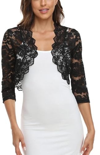 MISS MOLY Donna Bolero Pizzo Giacca Festivo Corto Cardigan 3/4 Maniche Cardigan Per Matrimonio Abito Da Cocktail, Nero , 44-46