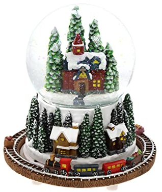 Schneekugel/Spieluhr zum Aufziehen mit Kirche und Tannenbaum ⌀100mm, weihnachtlicher Sockel mit rotierendem Zug, Musik, Licht & Schneeantrieb, H: 16cm