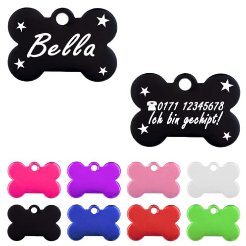Iberiagifts - Hundemarke Knochen mit Gravur und Sternefür sehr kleine Welpen - Hunde - Katzen Haustier Plakette Anhänger Halsband Medaillon graviert personalisiert (Schwarz)