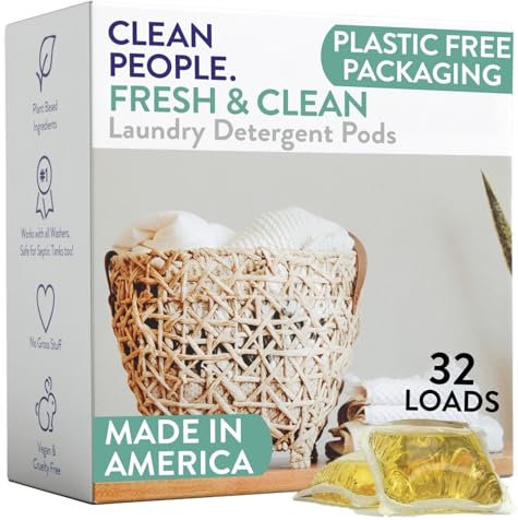 Clean People – Lot de 32 capsules de lessive – Emballage recyclable, hypoallergénique, anti-taches, ultra concentré, savon à lessive – Parfum frais