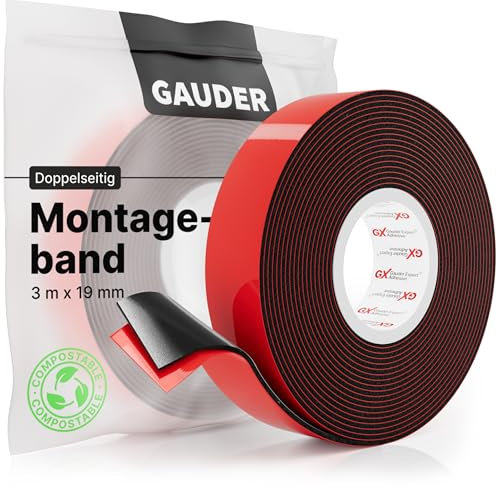 GAUDER Montageband (3 m x 19 mm) | Doppelklebeband | Montageklebeband | Spiegelklebeband | Doppelseitiges Klebeband schwarz