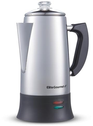 Elite Gourmet EC922 Electric Coffee Percolator, Keep Warm, Glass Clear Brew Progress Knob, Cool-Touch Handle, Cordless Serve, 12-Cup, Stainless Steel