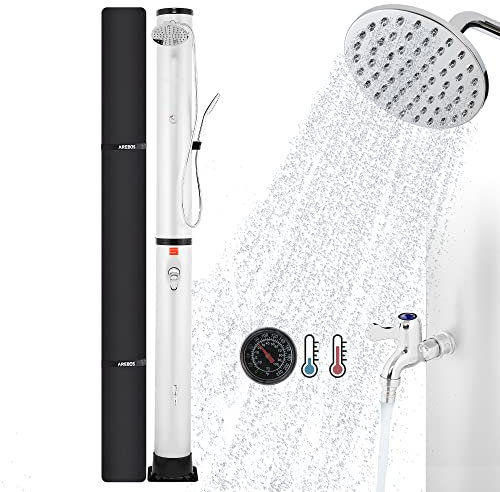 Arebos Ducha Solar de 40 L, con termómetro Integrado, Ducha de Mano, Cabezal de Ducha Giratorio, con Ducha de pies y conexión de Manguera de jardín, Incluye Material de Montaje y Cubierta
