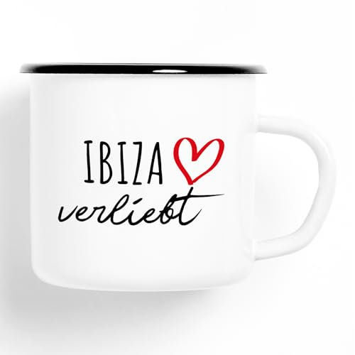 huuraa Emaille Tasse Ibiza verliebt Geschenk Kaffeebecher Vintage 300ml Ibiza Geschenkidee