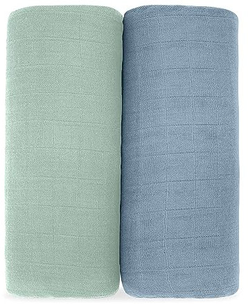 Comfy Cubs Muslin Swaddle Blankets Pack of 2-119 x 119 cm, Soft Cotton Baby Blanket Set, Large Swaddling Wraps for Newborns - Self-Soothing Baby Swaddle - Pacific Blue & Fern
