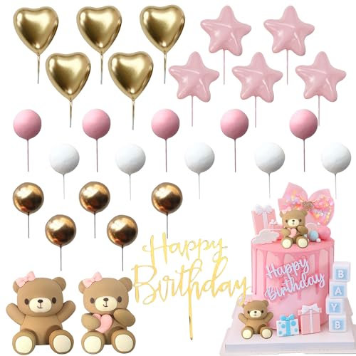 YHUIKXIN 28 Stück Rosa Kuchen Deko Teddybär Kuchen Tortendeko Baby Dusche Kuchen Dekoration DIY Happy Birthday Tortendeko Rosa Bär Geburtstag Mädchen Junge für Hochzeitstag Geburtstag Babyparty