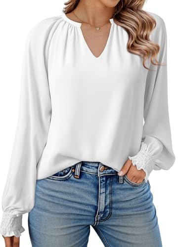 Dokotoo Women's Blouses Shirts Smocked Puff V Neck Womens Long Sleeve Tops Oversized Ladies T-Shirts Chiffon Blouse Casual Women Tunic Top S-XXL