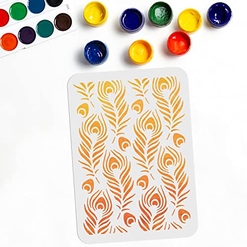 MAYJOYDIY Pfauenfeder Schablone 21x29.7cm Pfauenschwanzfeder Display Schablonen Zum Malen Wiederverwendbare DIY Kunst Und Bastel Schablonen Auf Holz Wanddekoration