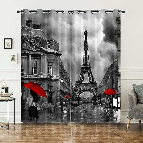HOSIMA Schwarz-Weiße Eiffelturm-Vorhänge,Ösenvorhänge,Set mit 2 Vorhängen,Schwarz-Weißer Eiffelturm,Roter Regenschirm-Druck,Kinder-und Jugendzimmervorhänge(Roter Regenschirm XL)