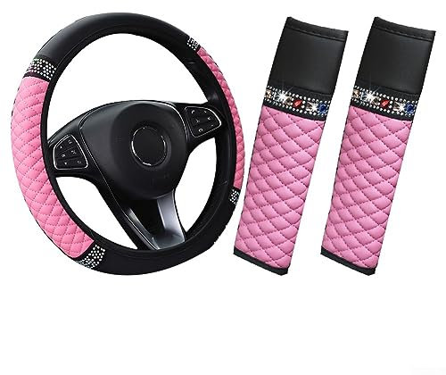 Lenkradbezug, 3 Stück, glitzernd, Leder, Strass, Autozubehör mit Schulter für Pads, Rosa