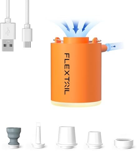 FLEXTAILGEAR Mini Pump 2024 PRO, Portable Electric Air Pump, 3-Level LED Light, 800mAH Rechargeable Battery,High Flow 180L/min, Fast In/Deflating, Air Mats, Swimming Rings, Vacuum Storage Bags(orange)
