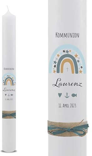 VILLA ROSA LOTTA – Personalisierbare Kommunionkerze Taufkerze „Laurenz“ mit Wunschdaten und Rückseite | Regenbogen Sterne | 40 cm x 4 cm | für Jungen und Mädchen | Altarkerze elfenbein