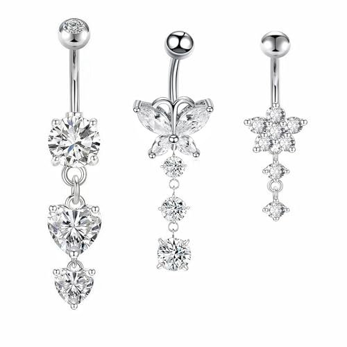 Aucuu 3Pcs 14G Belly Button Bars, Stainless Steel Hypoallergenic Belly Button Ring, Belly Piercing Navel Bar Belly Button Ring Piercing Jewelry for Women Men