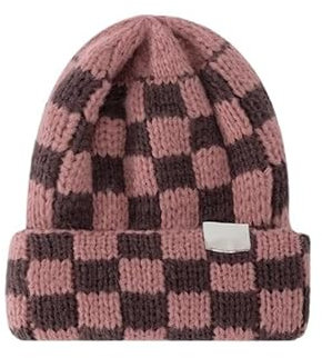 AD-BCrbgen Winter weiche und warme Damen Schädel Wolle gestrickte Bommelmütze Hut Damen Kaschmir lose gestrickte Bommelmütze (Color : Pink brown grid, Size : Cap 56cm-62cm)