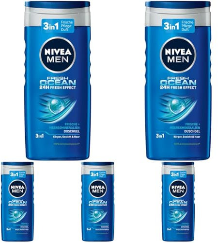 NIVEA MEN Fresh Ocean Duschgel (250 ml), revitalisierende Pflegedusche mit ozeanfrischem Duft, Männer Duschgel mit Meeresmineralien für Körper, Gesicht und Haar (Packung mit 5)
