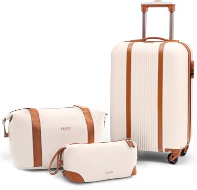 FERGÉ Handgepäck Koffer Set 3 teilig Kabinenkoffer Hartschale 55 x 40 x 22 cm + Reisetasche + Kulturbeutel - Reisekoffer Kabinen-Trolley 4 Rollen, Reisen leicht beige