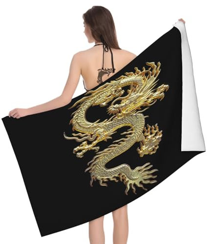 Serviette de Plage Dragon Chinoise, 3D Style Dessin Animé Grande Serviette de Bain Microfibre, Drap de Plage Séchage Rapide e Anti Sable pour Piscine Voyage Couverture, 100x200 cm