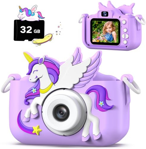 Kinderkamera, Einhorn Selfie Digital Kamera mit 32GB Karte, Weihnachts Geburtstagsgeschenk für Jungen und Mädchen, 1080P HD Kinder Kamera, Geschenke Spielzeug für 3 4 5 6 7 8 9 10 11 12 Jahre