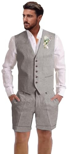 Dsteng Mens Linen Suit 2 Piece Short Suits for Men Casual Summer Beach Wedding Suit Linen Vest Shorts Set, Grey, XL