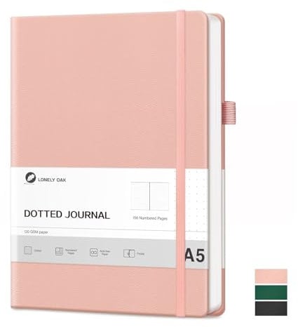 Lonely Oak Notizbuch A5 Dotted Hardcover, Bullet Journal 120g/m²Dickes Premium Säurefreies Papier, 156 Seiten Journal mit Gummiband & Innentasche, 14,5 x 21,3 cm (Rosa)