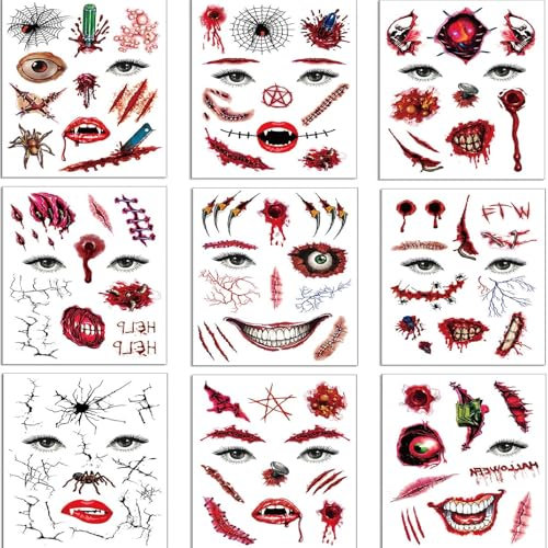 NebulaGlam Tatouage Halloween pour Visage, HD Réaliste Imperméable, Autocollants Horreur pour Cosplay Maquillage (A)