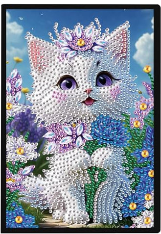 SHEGZHUC 14.5x21cm Diamond Painting Notizbuch A5 Blank Diamant Painting Notizbuch Diamant Malerei Notizbuch Diamond Painting Strass Special Spezialsteine Tagebuch Mädchen Geschenke(Weiße Katze Blumen)