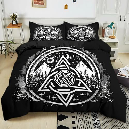 Generisch Bettwäsche Set 135x200 cm Wikinger-Runen Schwarz 3D Bettwäsche Polyester Baumwolle Weiche Atmungsaktiv Wendebettwäsche Bettbezug, Einzelbett Doppelbett Bettbezug Set