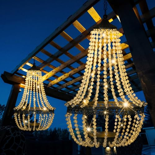 28 Hanging Solar Chandelier Outdoor Waterproof 30 LED Lantern | Handcrafted Acrylic Beaded Design, Solar Accent Decor Light for Pergola, Backyard and Porch, Suitable for Seasonal Parties