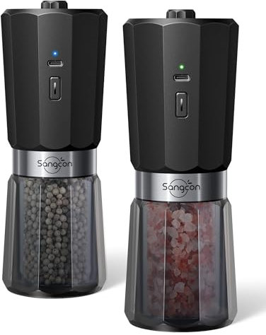 Sangcon 2 Vitesses Moulin à Sel Et à Poivre éLectrique à Gravité, 800mAh Moulin à Poivre Rechargeable Grande Capacité, 5 Niveaux de Finesse Réglable Extérieurement, Broyage Automatique à Une Main
