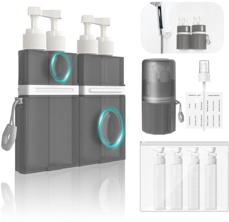 YOTIME 4in1 Travel Bottles for Toiletries, TSA Approved Leak Proof Travel Size Containers for Toiletries, Adsorbable Travel Kit Suitable for Shampoo, Body Wash and Conditioner, Gray