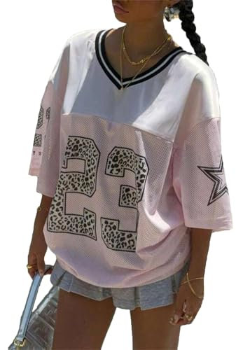 Women’s Y2k Oversized Number Graphic Shirts V Neck Short Sleeve Jersey Top Summer Going Out Tees Aesthetic Clothes (B-Pink, L)