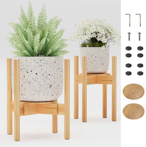 Semiocthome Adjustable Bamboo Plant Stand Indoor with Removable Tray, Wooden Flower Stand, Pot Holders Fits 20cm to 30cm Pots, Indoor Plant Stands for Living Room, Bedroom, Kitchen, 2 Pack - Natural