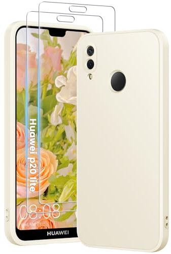 PuyaTeya 3 in 1 Hülle für Huawei p20 lite, mit 2 Stück 9H Panzerglas Premium Liquid Silikon Hülle, mit 4-Layer stoßfeste abriebfestes, Soft Mikrofaserfutter Kratzfes Schutzhülle (Beige)