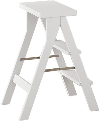 Wooden Folding Library Ladder Chair Portable Stool Flower Shelf for Adults Convertible Step Ladder with 100kg Weight Capacity White