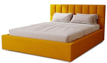 MARPUR Polsterbett Dream 140x200 cm, Bett mit Kopfteil, Doppelbett mit Bettkasten und Lattenrost aus Holz, Velourstoff: Gelb