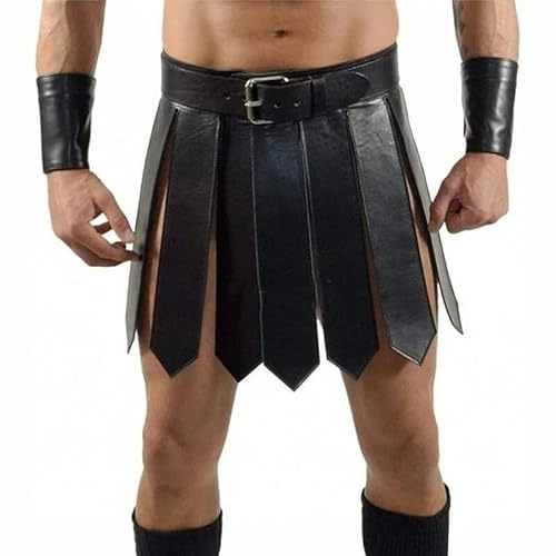 Lockenstab Herren Mittelalterlich Gladiator PU-Lederrock Römisch Krieger Taillengürtel Punk Stil Rockgürtel Halloween Cosplay Party Kostüm (Schwarz,Einheitsgröße)