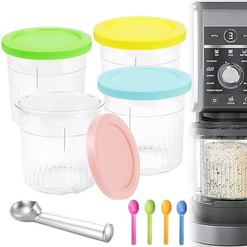 CHSG 4PCS Pot de Crème Glacée, Seau à Dessert Avec Couvercle Et 5 Cuillères, Accessoire Pour Machine à Crème Glacée Ninja, Récipient De Crème Glacée De Remplacement Pour Machine à Crème Glacée