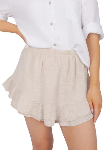Damen Musselin Hosen Rock kurz mit Rüschen, 100% Baumwolle luftig - Lorena (Beige)