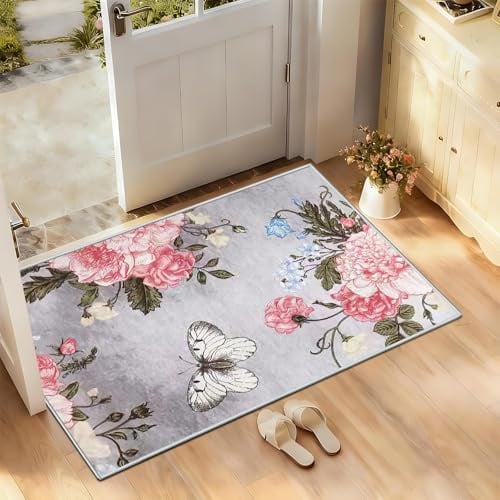 FTCJWL Pink Grey Washable Area Rugs 60X90CM bedroom rugs small Non Slip Door Mats for Entryways Bedroom Laundry Bedroom Dining Room