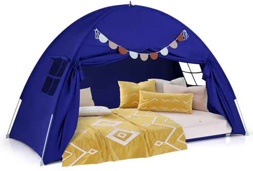 GOPLUS Spielzelt Kinder Indoor, Kinderzelt groß mit 2 Fenstern, Vorhang & Fahnen, Kinderspielzelt für Hochbett und Etagenbetten, Kinderzelt für Mädchen & Jungen ab 3 Jahren, 201 x 100 x 122 cm, Navy