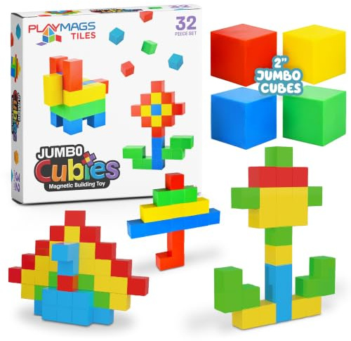 Playmags Jumbo-Magnetwürfel-Set, 32-teilig – Große 5,08 cm große Bausteine für jüngere Kinder – Robuste Magnetbausteine, sensorische Rasselwürfel – STEM-Lernspielzeug zur Förderung der Motorik