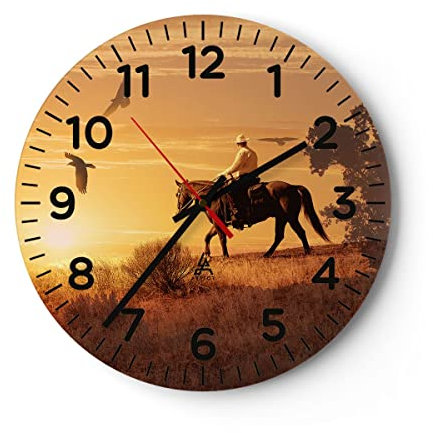 Modern Wanduhr Pferd Cowboy Bauernhof Reiten 40x40cm Rund Groß Wand Uhr Glas Analog Zimmeruhren Küche Büro Wohnzimmer Glasuhr Wall Clock Dekoration Design Wanddekoration Küchenuhr C4AR40x40-2955