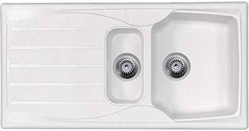 White 1.5 Bowl Kitchen Sink with Reversible Drainer and Pop Up Waste Kit