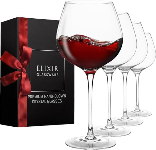 Verres Vin Rouge Lot de 4 – Grands Verres à Vin – Verre Soufflé à la Main – Verres à Pied Cristal Qualité Supérieure – Dégustation Vin, Mariage, Anniversaire, Noël – 670 ml, Transparents