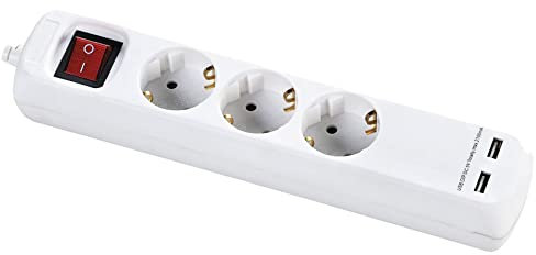 Alyco - Regleta de 3 Enchufes y 2 USB con Interruptor, Cable de 1,4 m - 199433, blanco