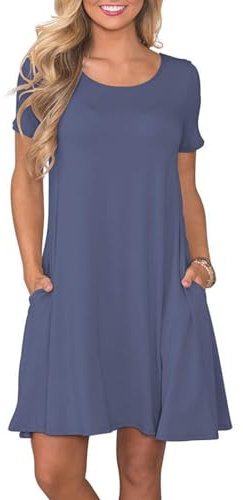 AUSELILY Femmes Robes D'été à Manches Courtes Décontracté T-Shirt Robe Ample Courte Robe avec Poches Gris Violet M