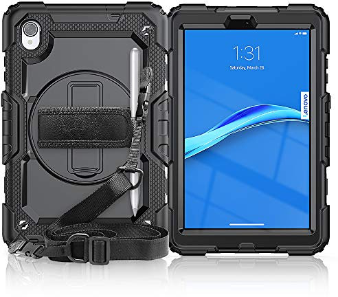 Resistente a prueba de golpes TPU caso para Lenovo Smart Tab M8 HD 8 TB-8505F/8505X/8705F, cubierta protectora W protector de pantalla+soporte giratorio+mango+correa de hombro (negro)