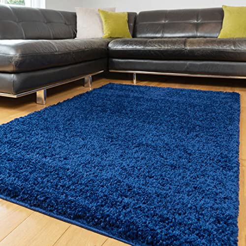 Plush Navy Blue Soft Pile Shaggy Shag Area Rug Modern Fluffy Plain Living Room Lounge Sunroom Bedroom Rugs 161cm x 221cm
