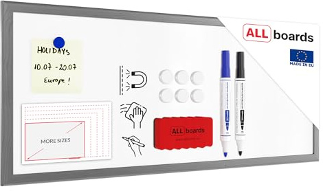 ALLboards Whiteboard Dry Erase Magnetic Surface Wooden Silver Frame 30x70 cm